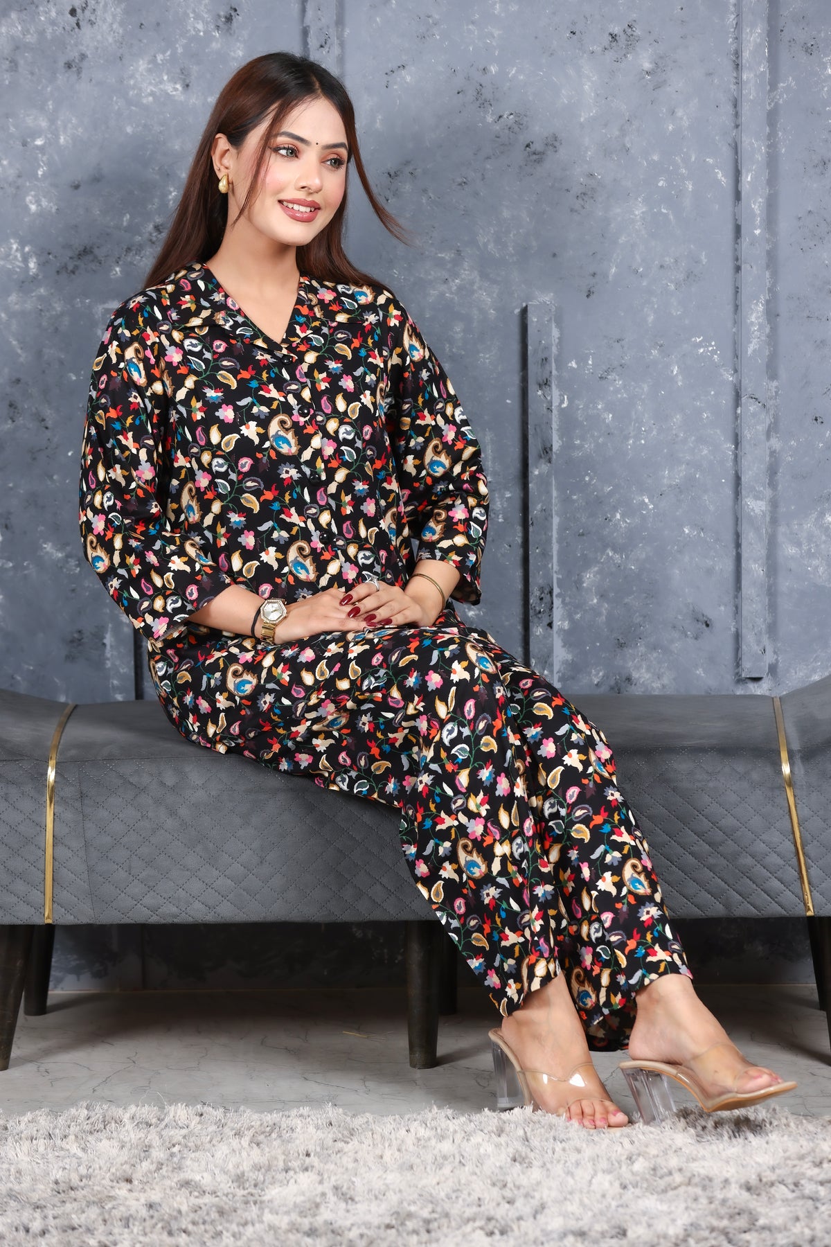 Paisley Printed Rayon Cotton Co-Ord Set - Black