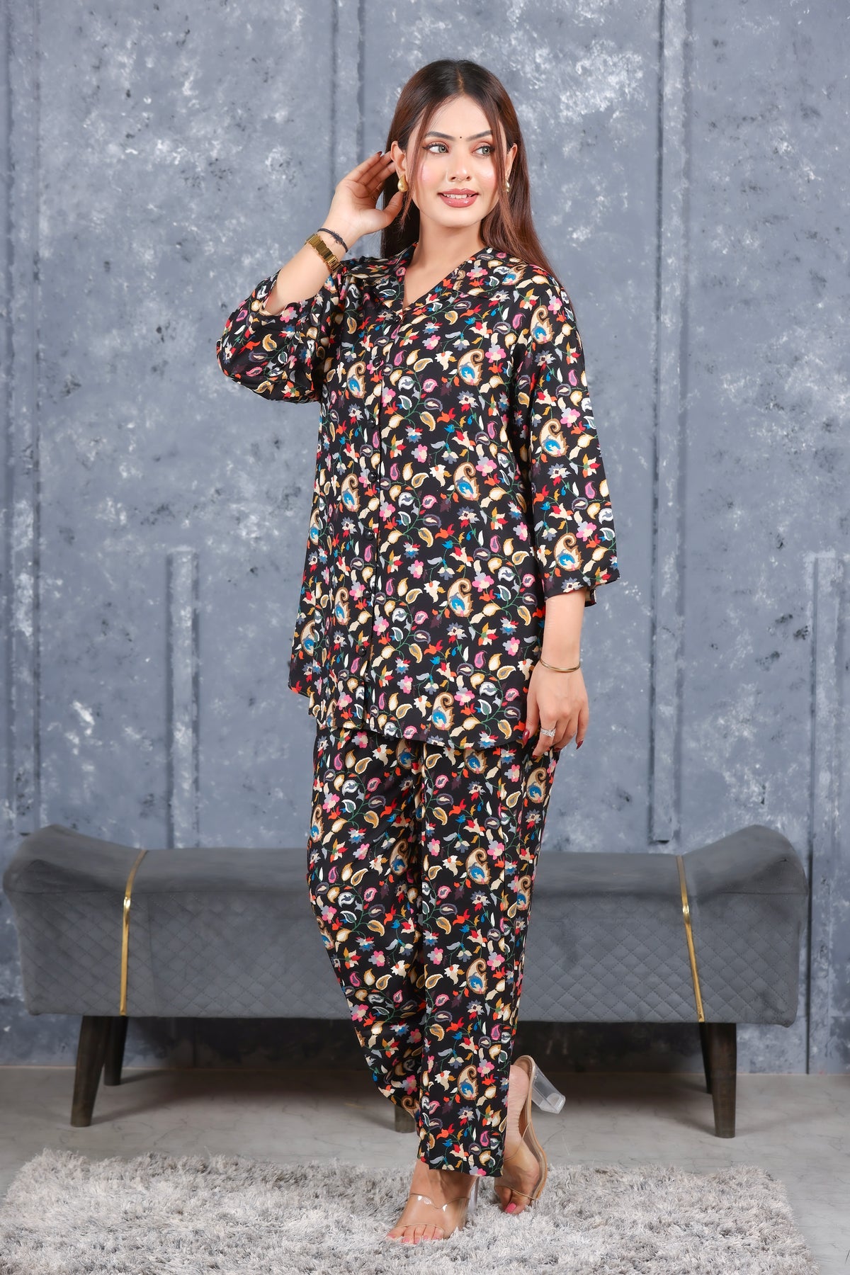 Paisley Printed Rayon Cotton Co-Ord Set - Black