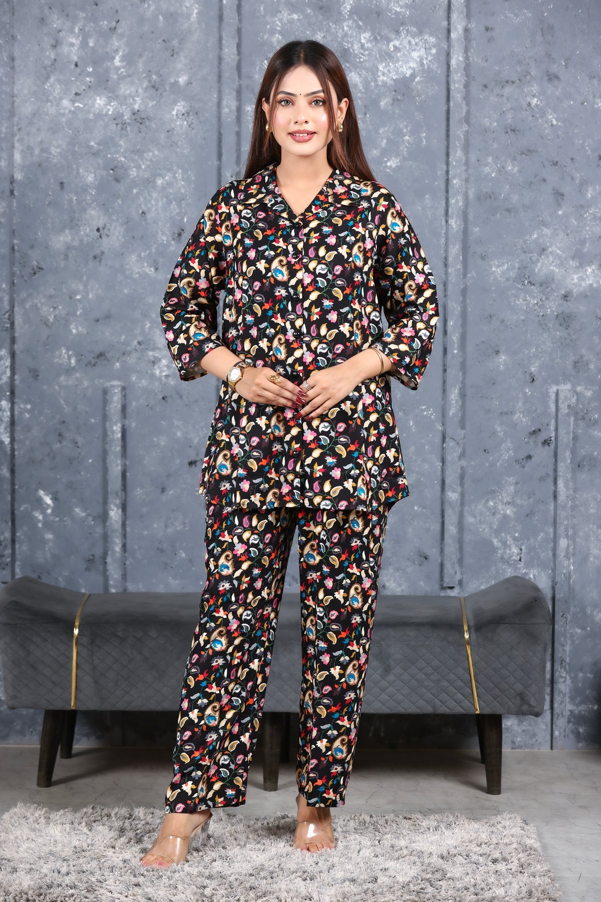Paisley Printed Rayon Cotton Co-Ord Set - Black
