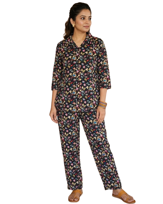Paisley Printed Rayon Cotton Co-Ord Set - Black