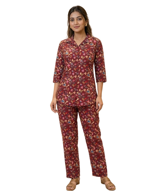 Paisley Printed Rayon Cotton Co-Ord Set - Maroon
