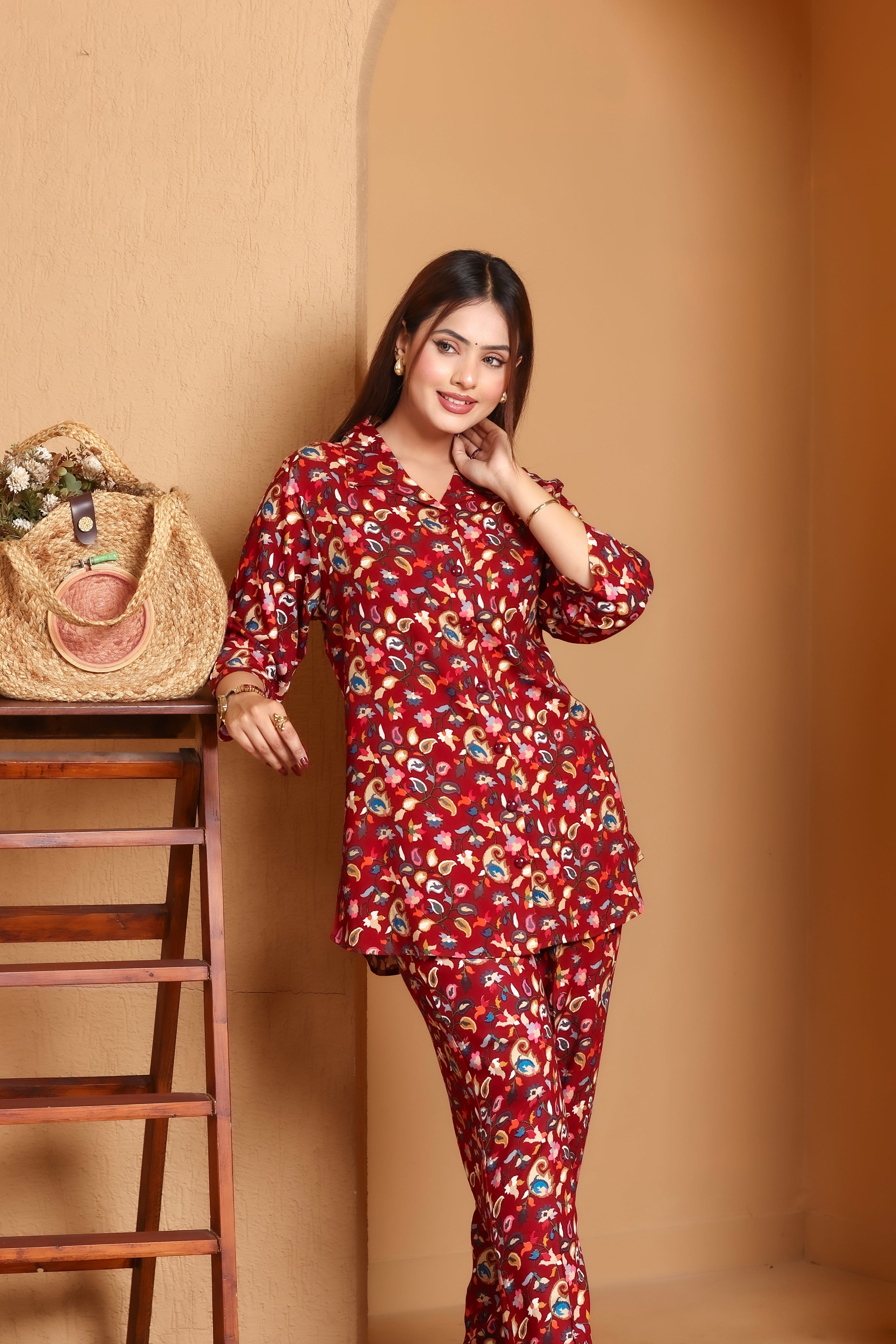 Paisley Printed Rayon Cotton Co-Ord Set - Maroon
