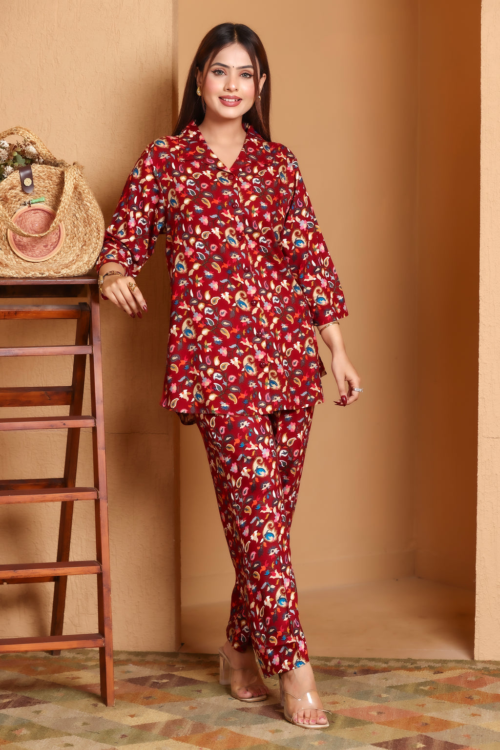 Paisley Printed Rayon Cotton Co-Ord Set - Maroon