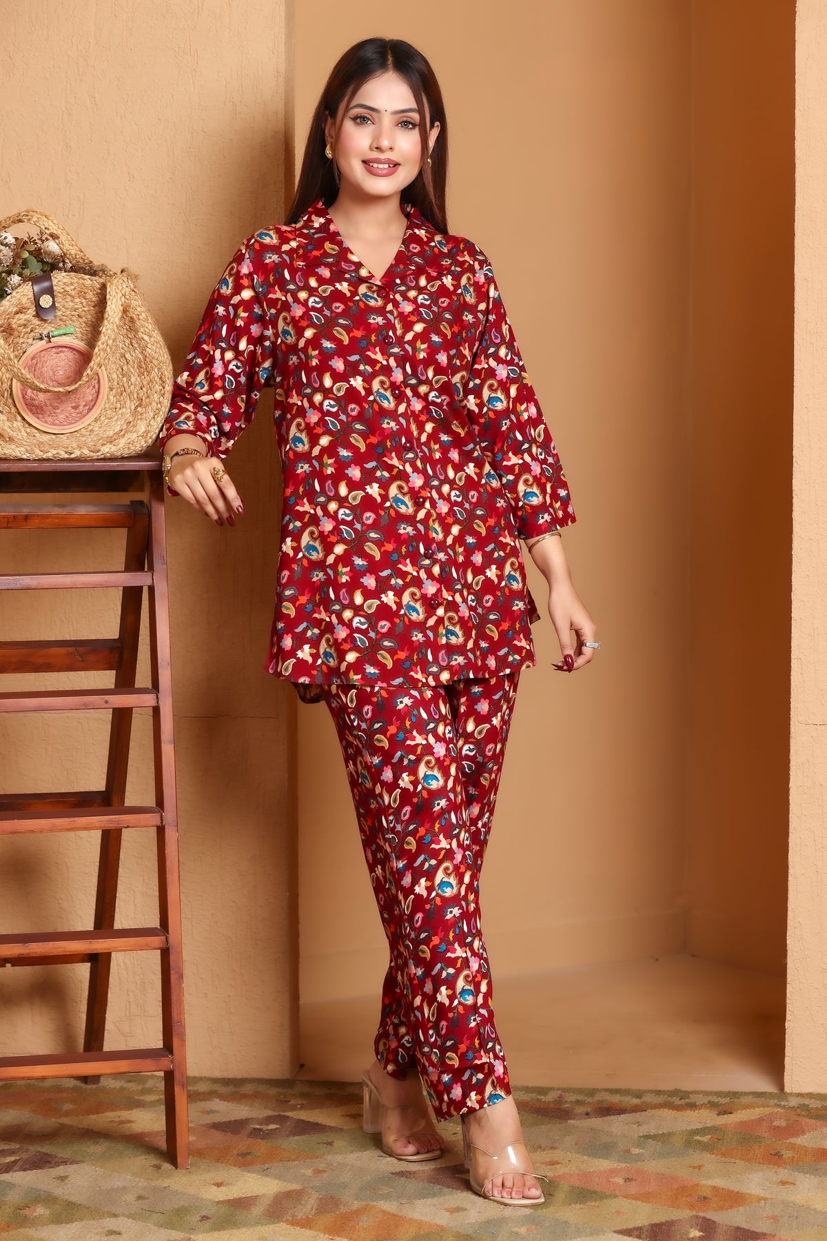 Paisley Printed Rayon Cotton Co-Ord Set - Maroon
