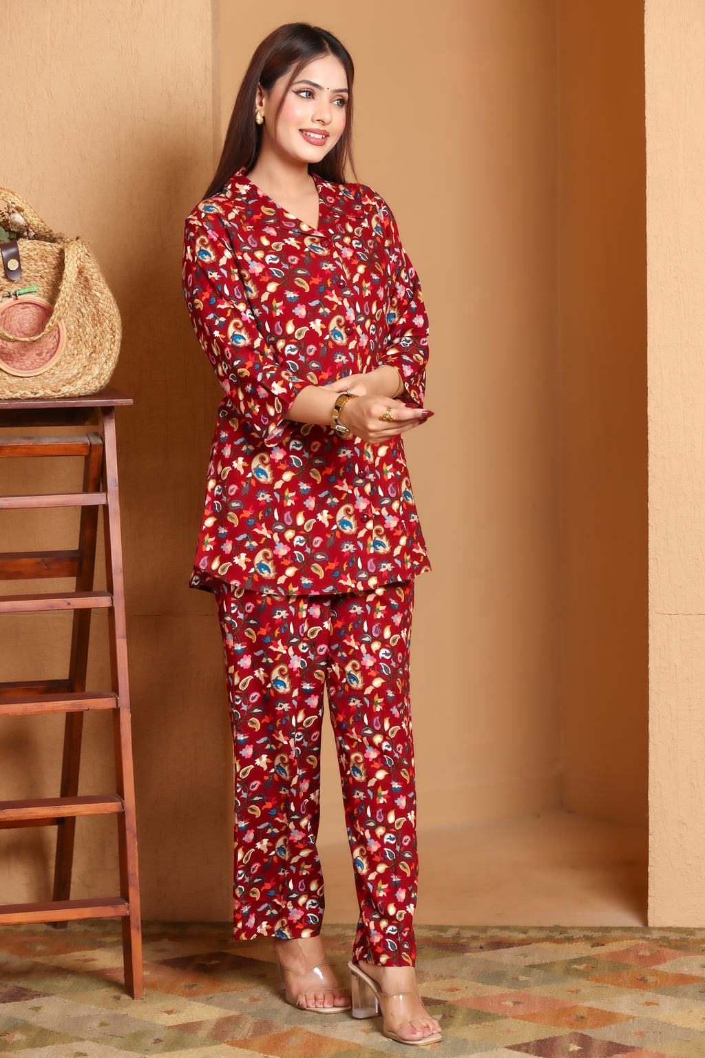 Paisley Printed Rayon Cotton Co-Ord Set - Maroon