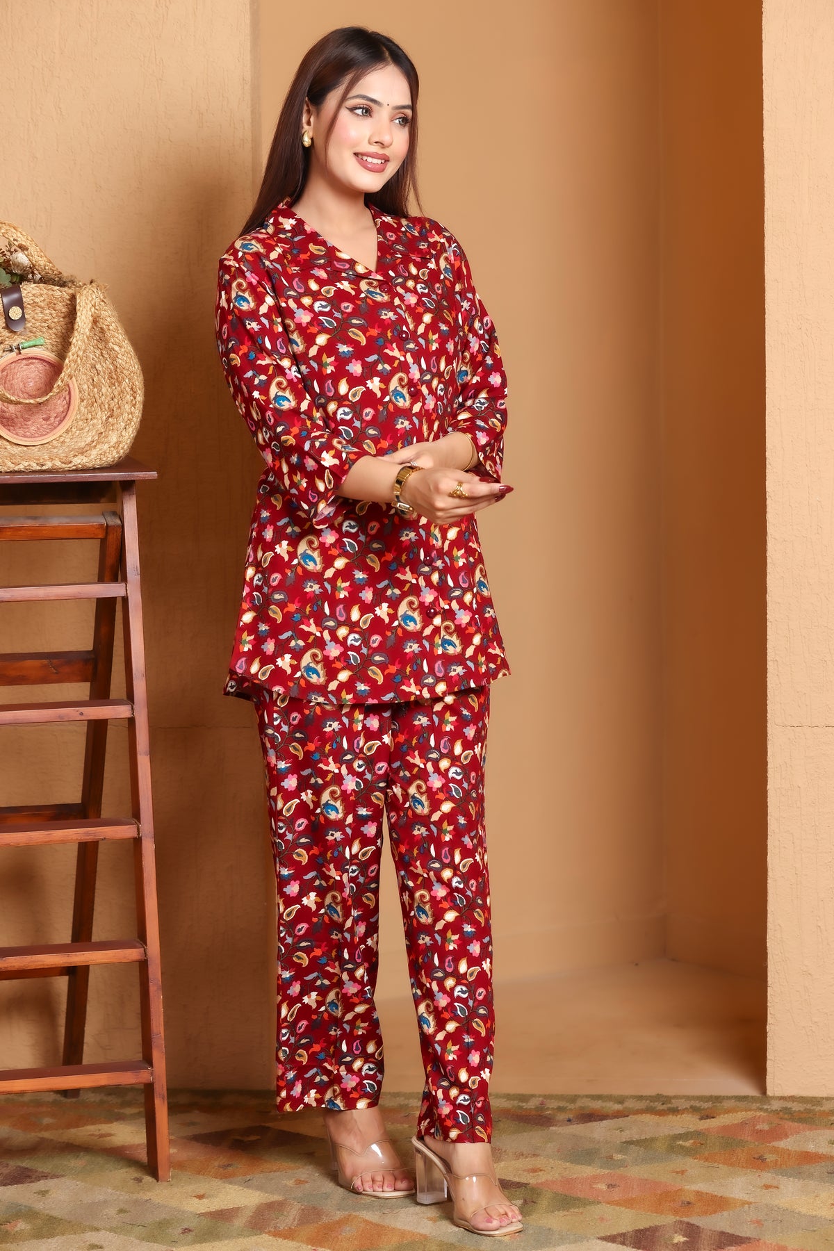 Paisley Printed Rayon Cotton Co-Ord Set - Maroon