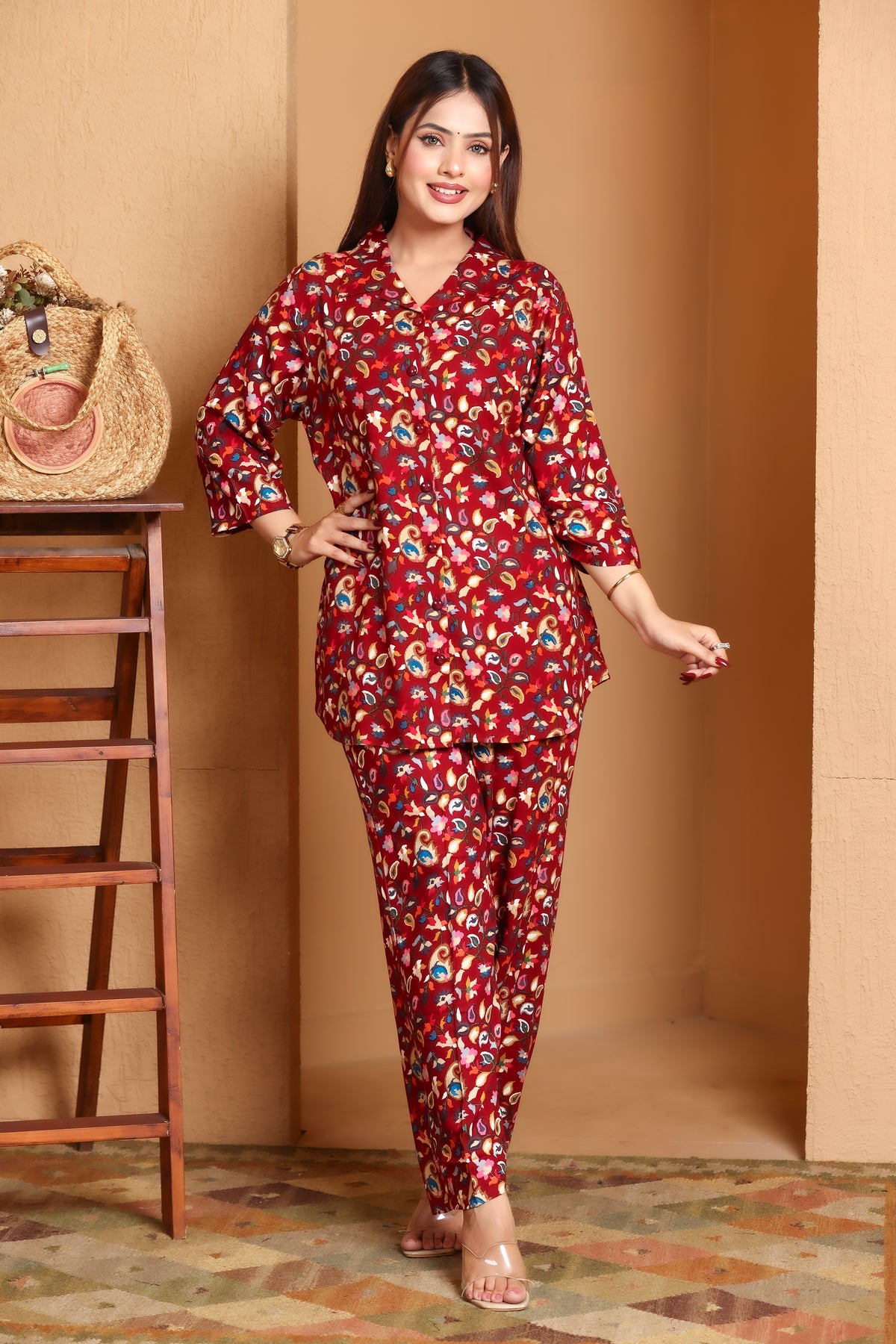 Paisley Printed Rayon Cotton Co-Ord Set - Maroon
