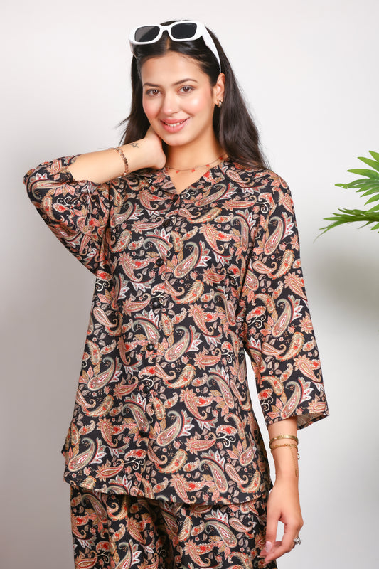 Paisley Printed Rayon Cotton Co-Ord Set - Black II