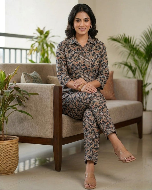 Paisley Printed Rayon Cotton Co-Ord Set - Black II