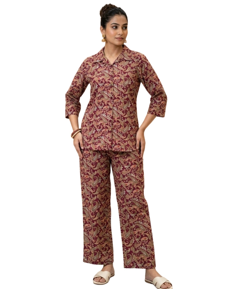 Paisley Printed Rayon Cotton Co-Ord Set - Maroon II