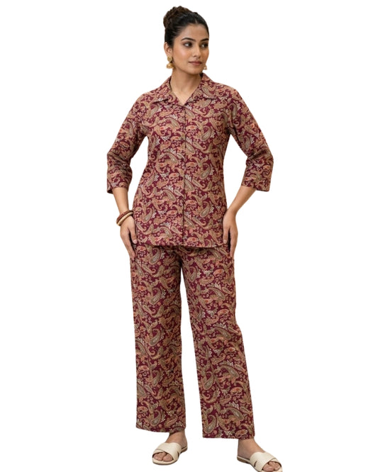 Paisley Printed Rayon Cotton Co-Ord Set - Maroon II
