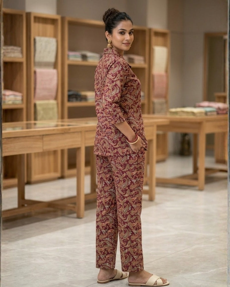 Paisley Printed Rayon Cotton Co-Ord Set - Maroon II