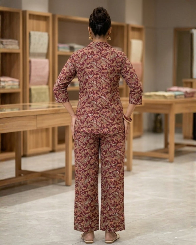 Paisley Printed Rayon Cotton Co-Ord Set - Maroon II