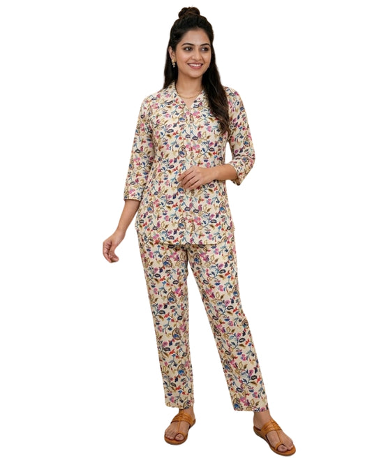 Floral Printed Rayon Cotton Co-Ord Set - Cream