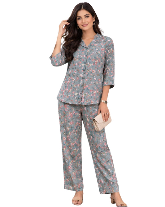 Floral Printed Rayon Cotton Co-Ord Set - Dusty Blue