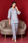 Floral Printed Rayon Cotton Co-Ord Set - Dusty Blue