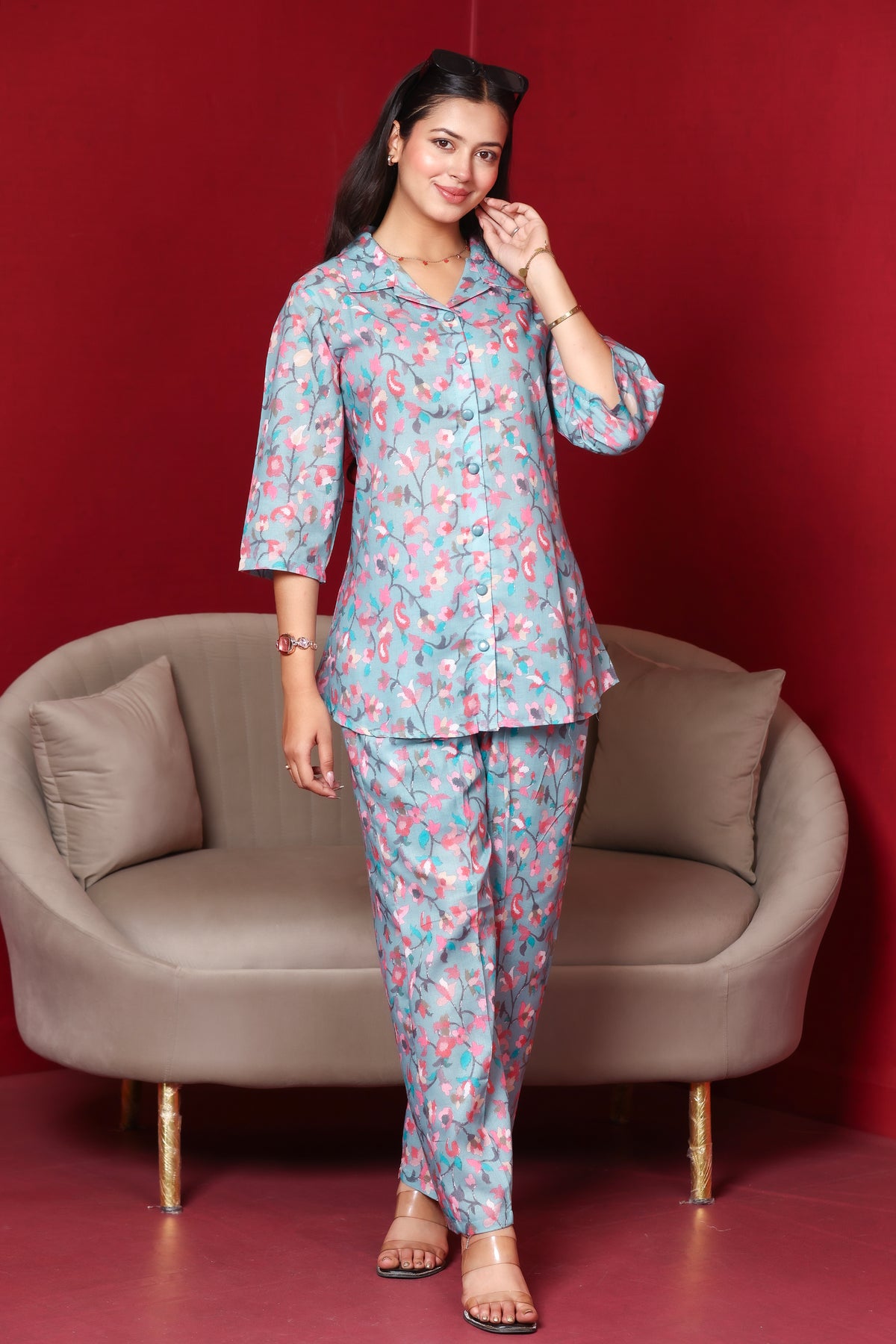 Floral Printed Rayon Cotton Co-Ord Set - Dusty Blue