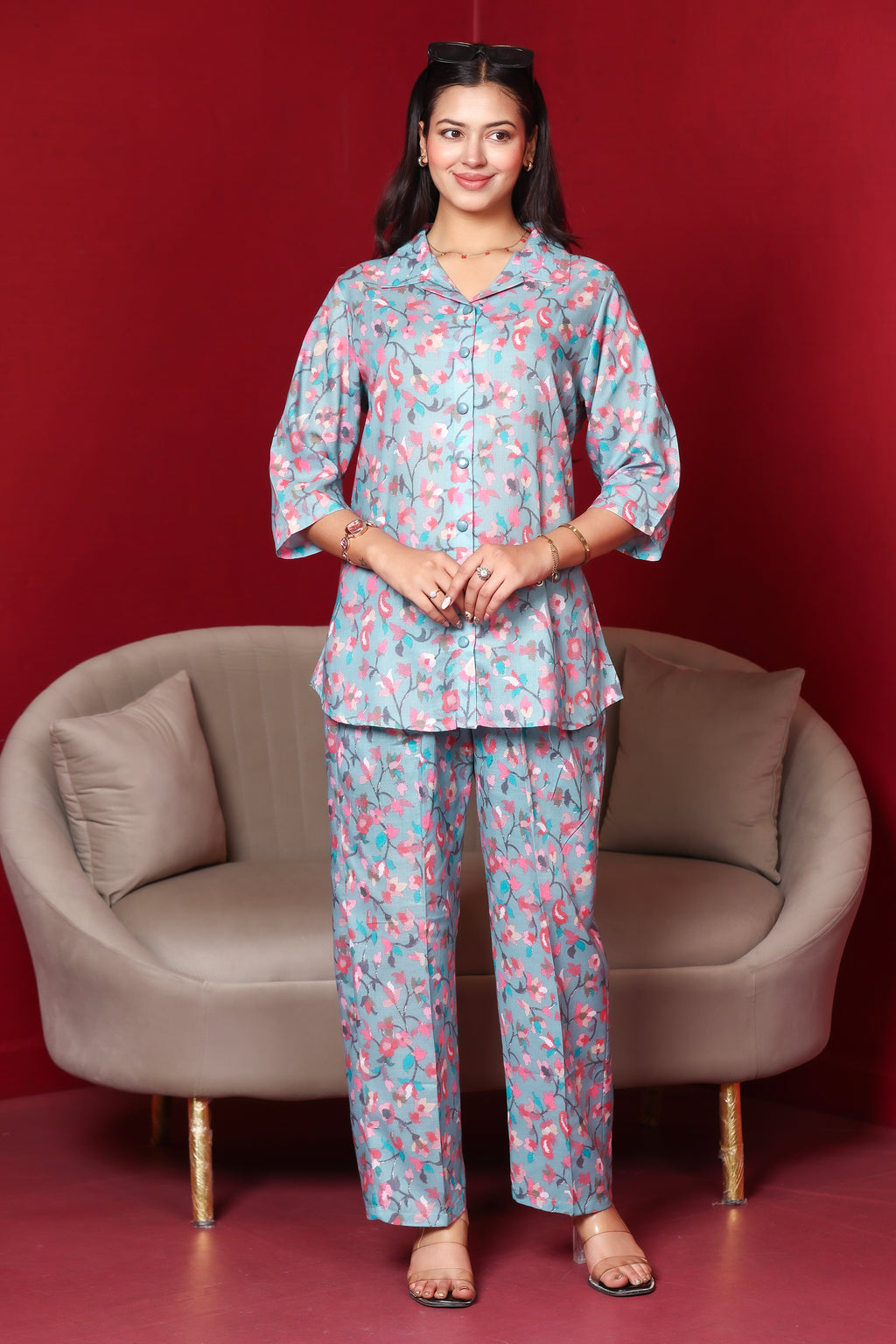 Floral Printed Rayon Cotton Co-Ord Set - Dusty Blue