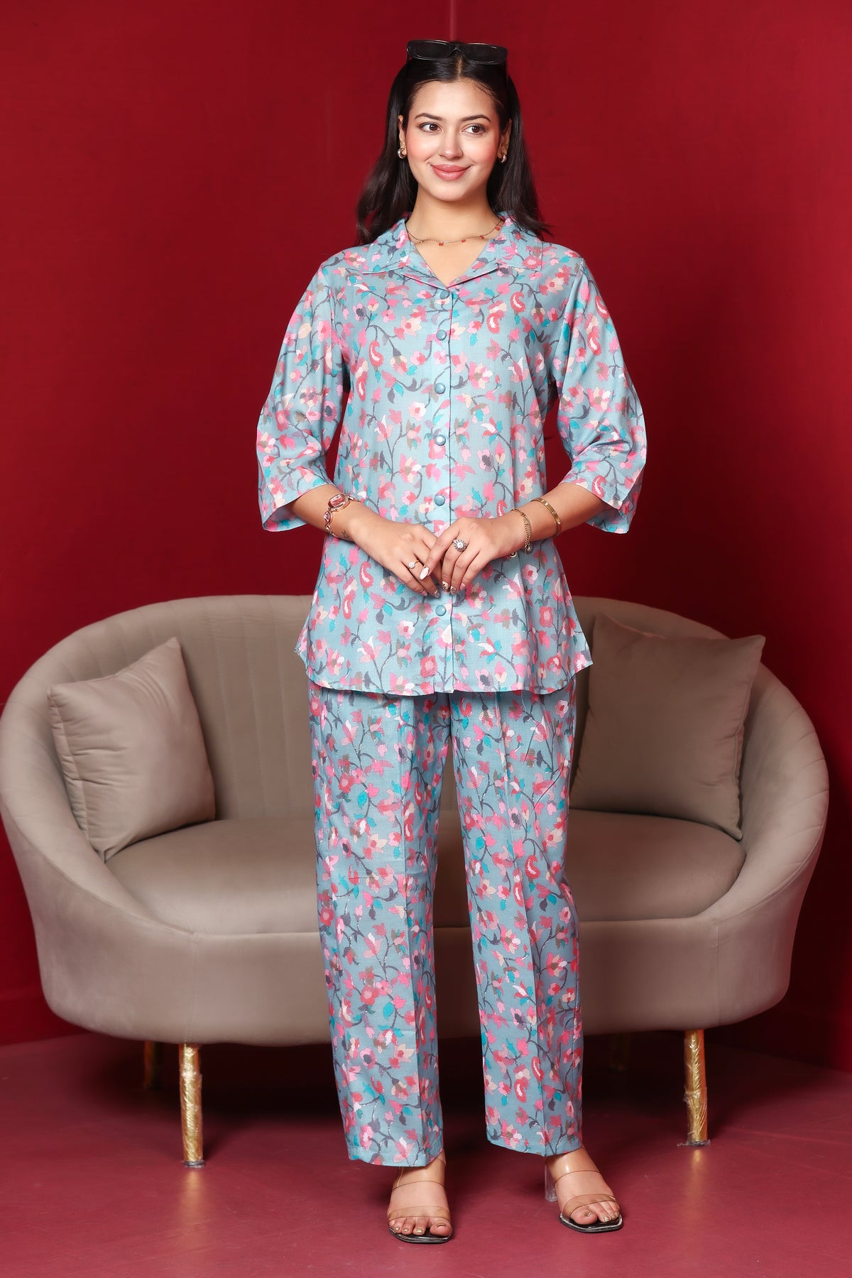 Floral Printed Rayon Cotton Co-Ord Set - Dusty Blue