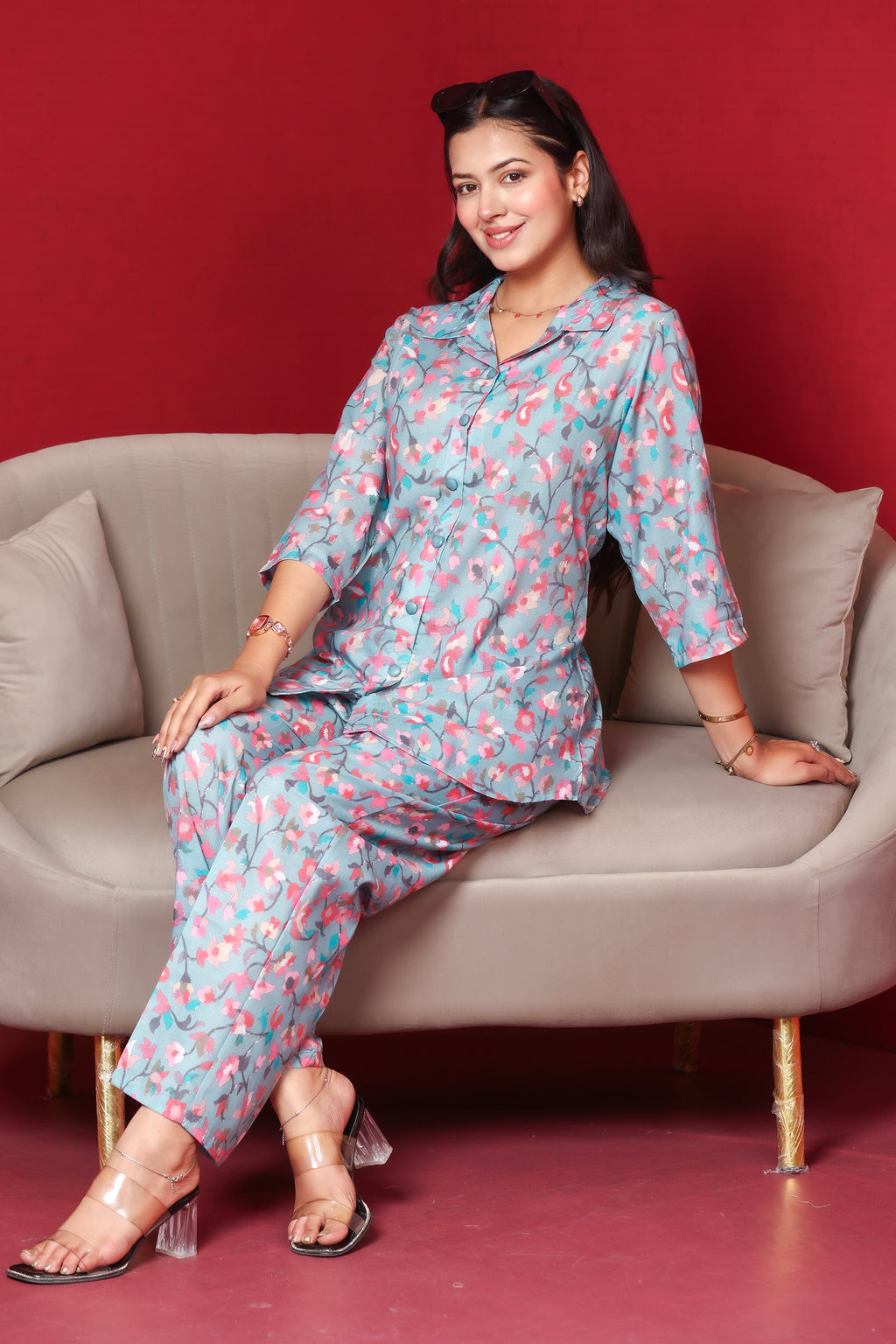 Floral Printed Rayon Cotton Co-Ord Set - Dusty Blue