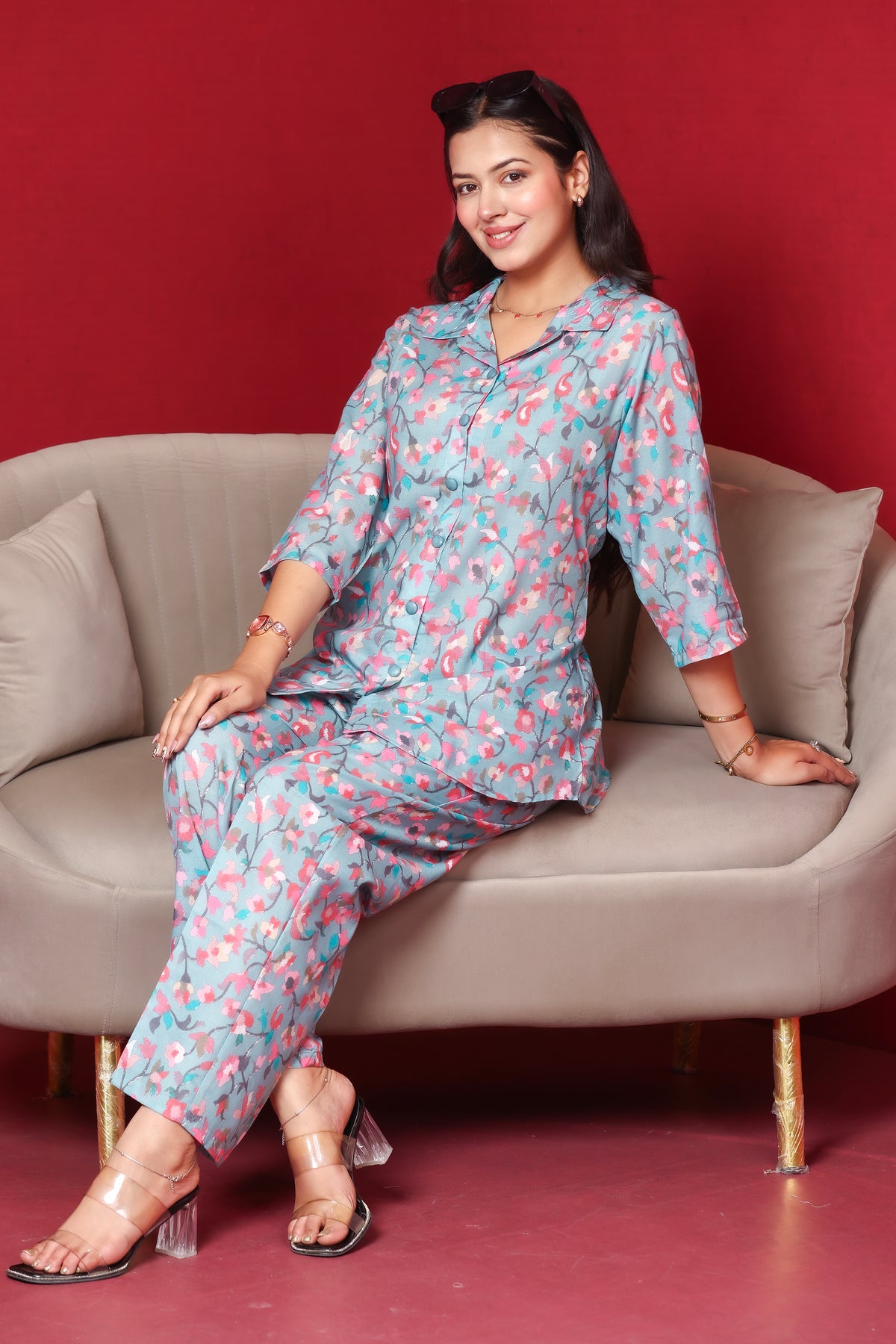 Floral Printed Rayon Cotton Co-Ord Set - Dusty Blue
