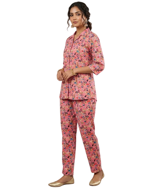 Floral Printed Rayon Cotton Co-Ord Set - Pink