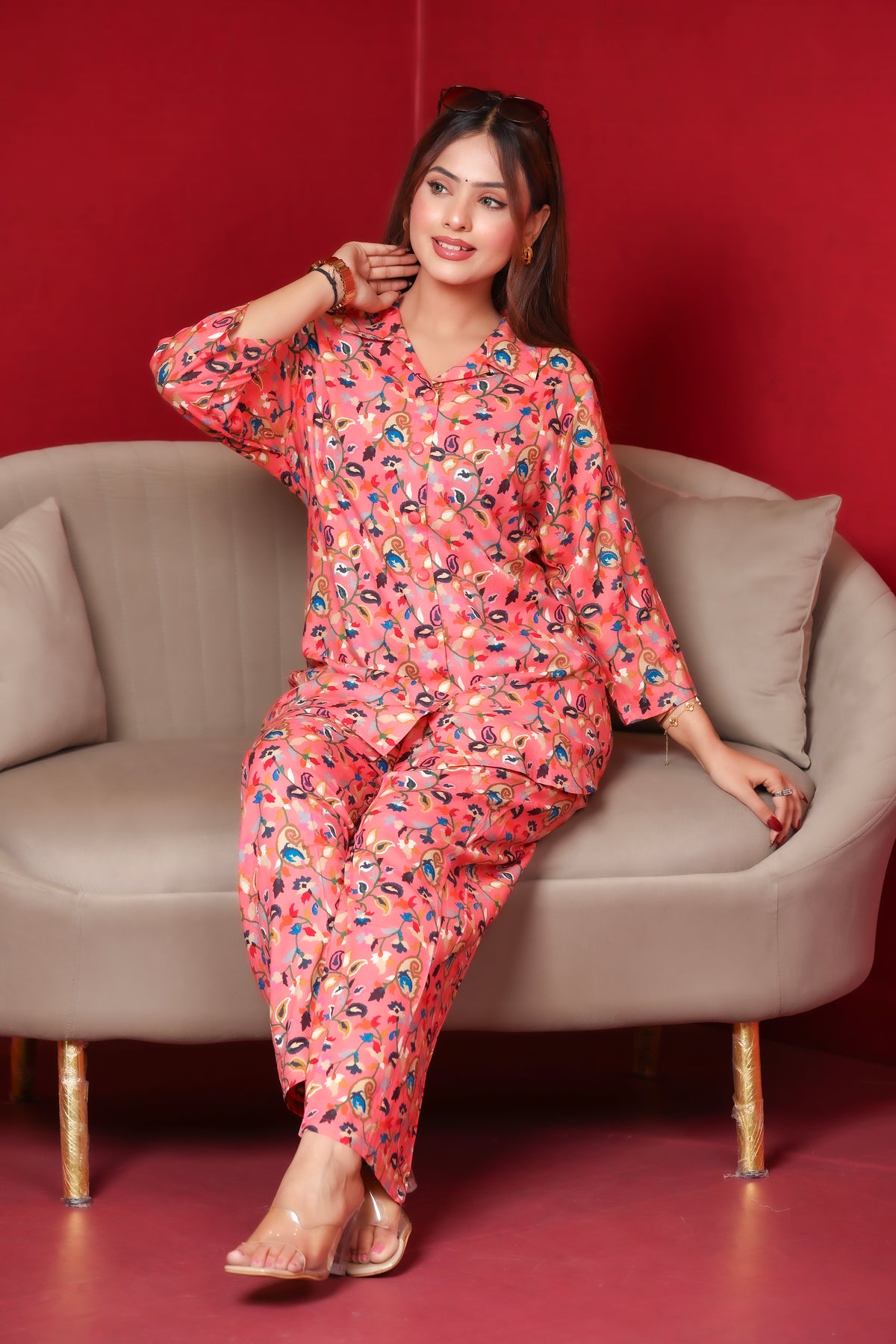 Floral Printed Rayon Cotton Co-Ord Set - Pink