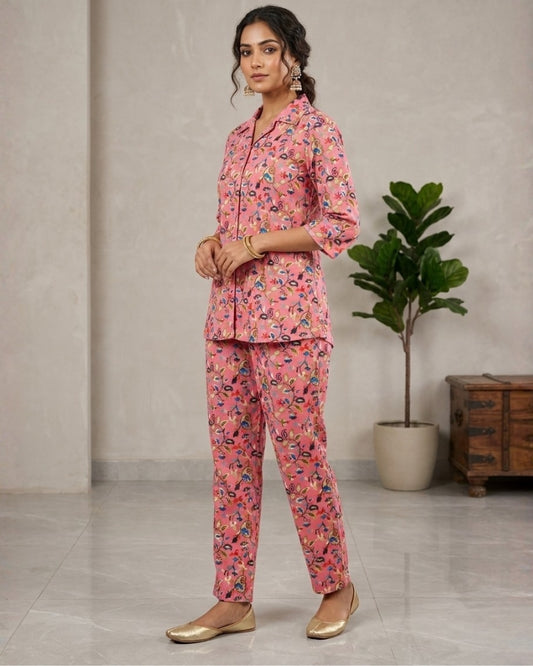 Floral Printed Rayon Cotton Co-Ord Set - Pink