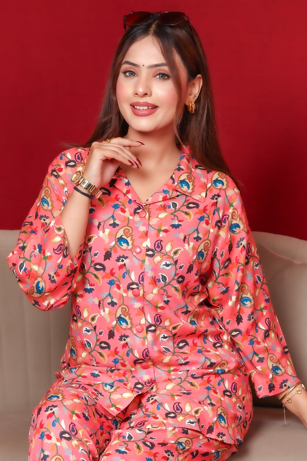 Floral Printed Rayon Cotton Co-Ord Set - Pink