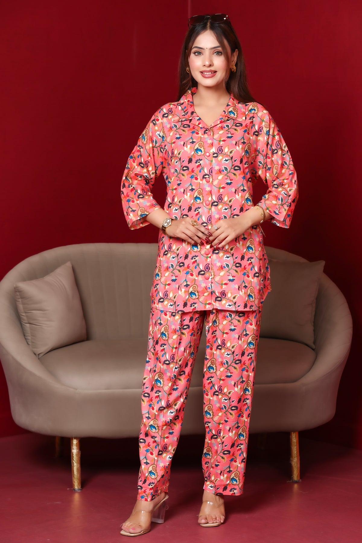 Floral Printed Rayon Cotton Co-Ord Set - Pink