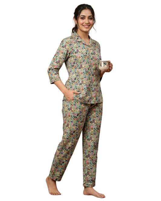 Floral Printed Rayon Cotton Co-Ord Set - Pista