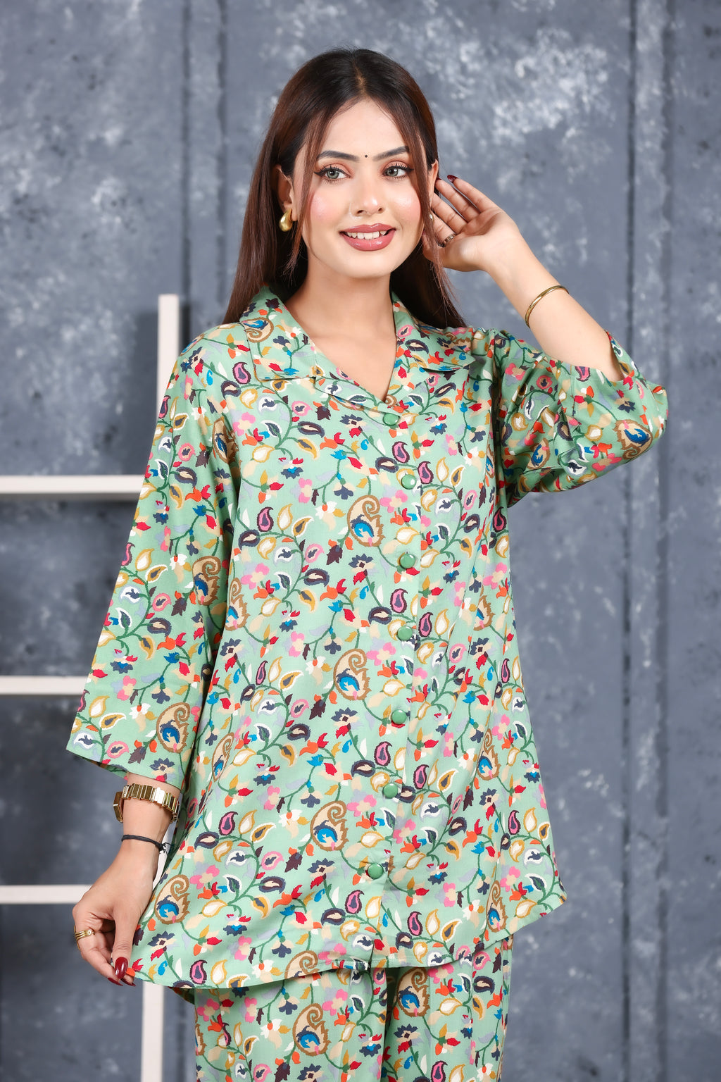 Floral Printed Rayon Cotton Co-Ord Set - Pista