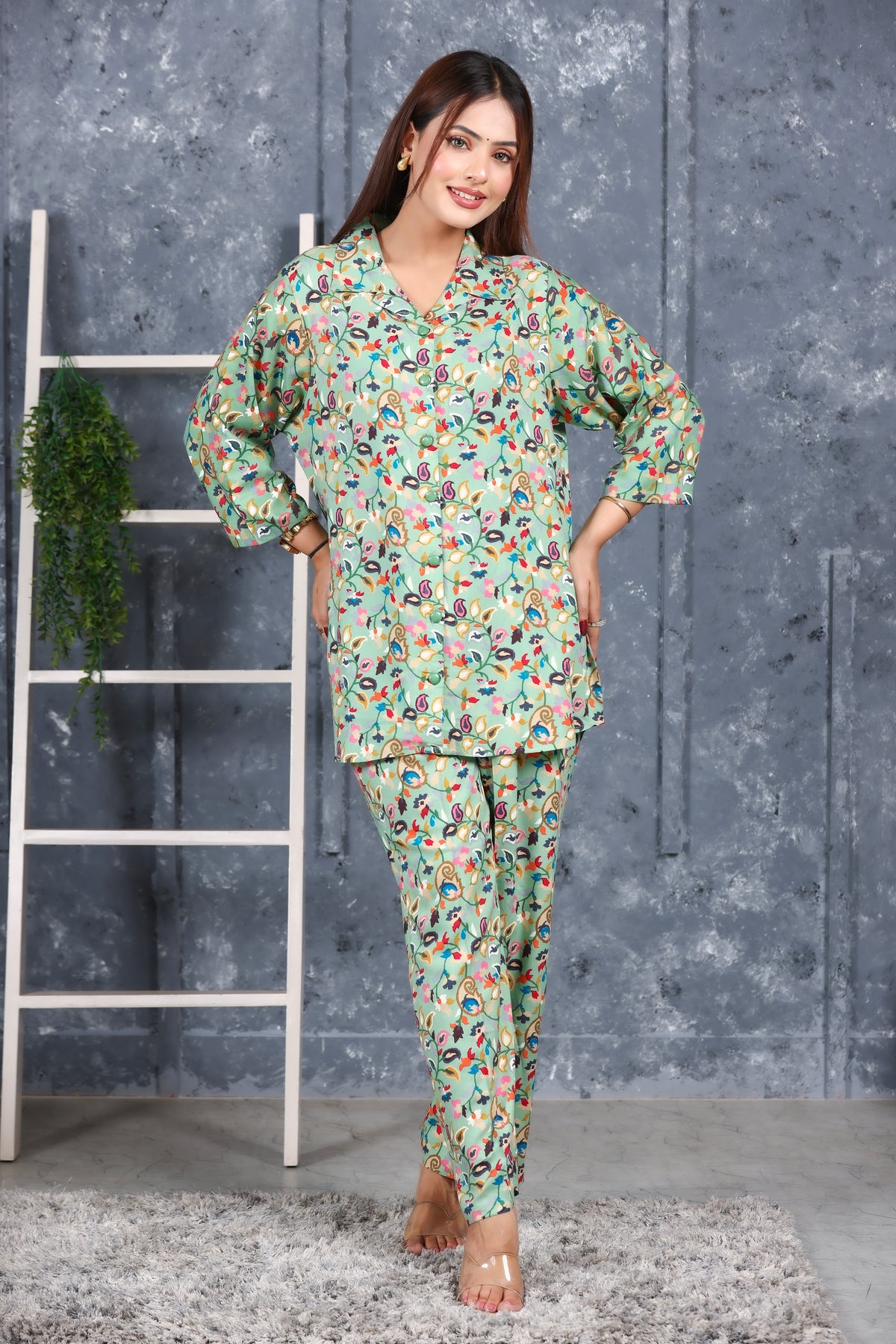 Floral Printed Rayon Cotton Co-Ord Set - Pista