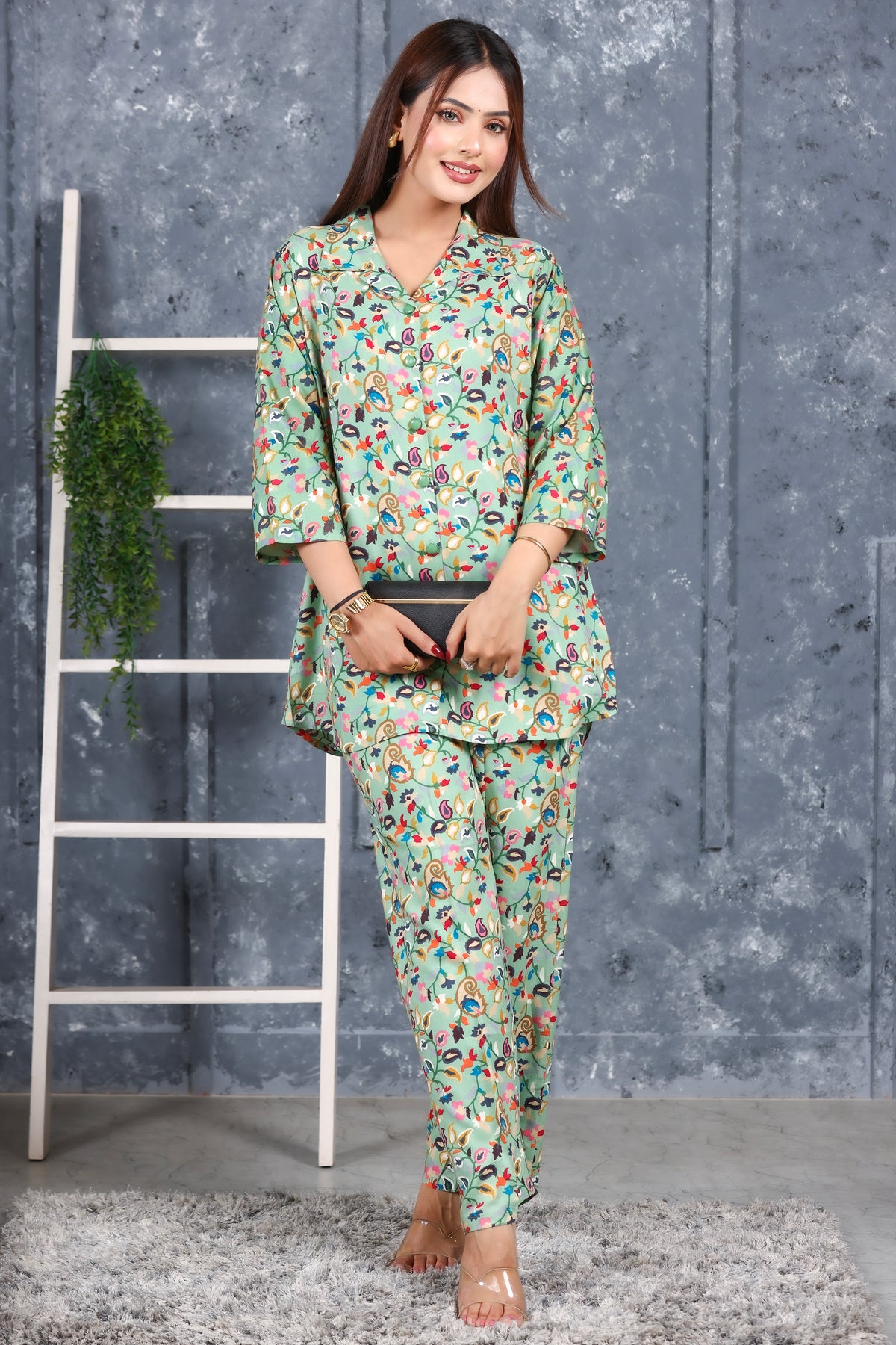 Floral Printed Rayon Cotton Co-Ord Set - Pista