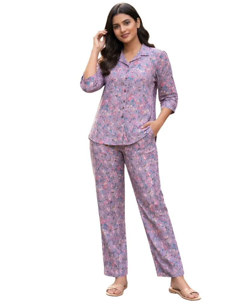 Floral Printed Cotton Co-Ord Set - Purple
