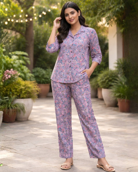 Floral Printed Cotton Co-Ord Set - Purple