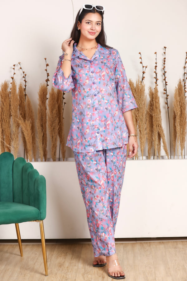 Floral Printed Rayon Cotton Co-Ord Set - Purple