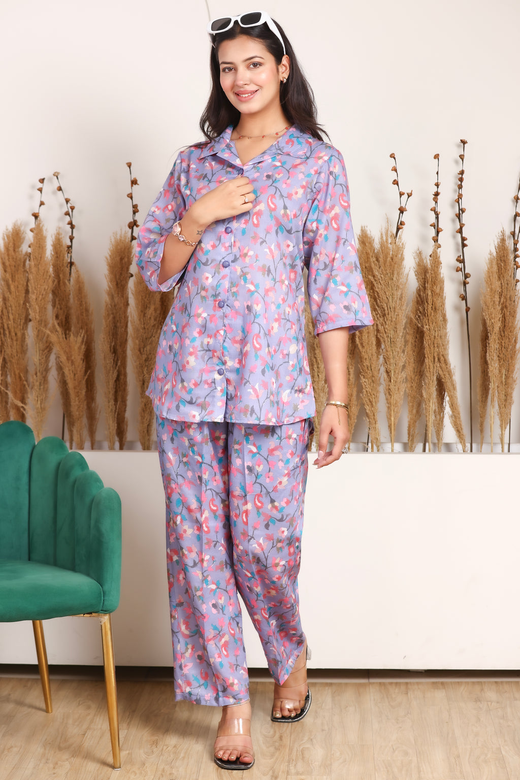 Floral Printed Rayon Cotton Co-Ord Set - Purple