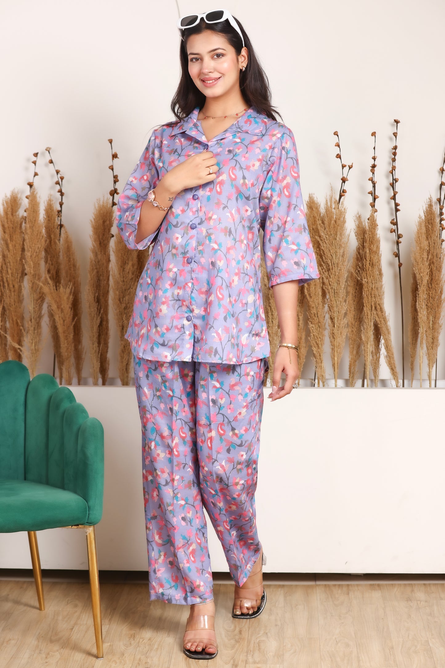 Floral Printed Rayon Cotton Co-Ord Set - Purple