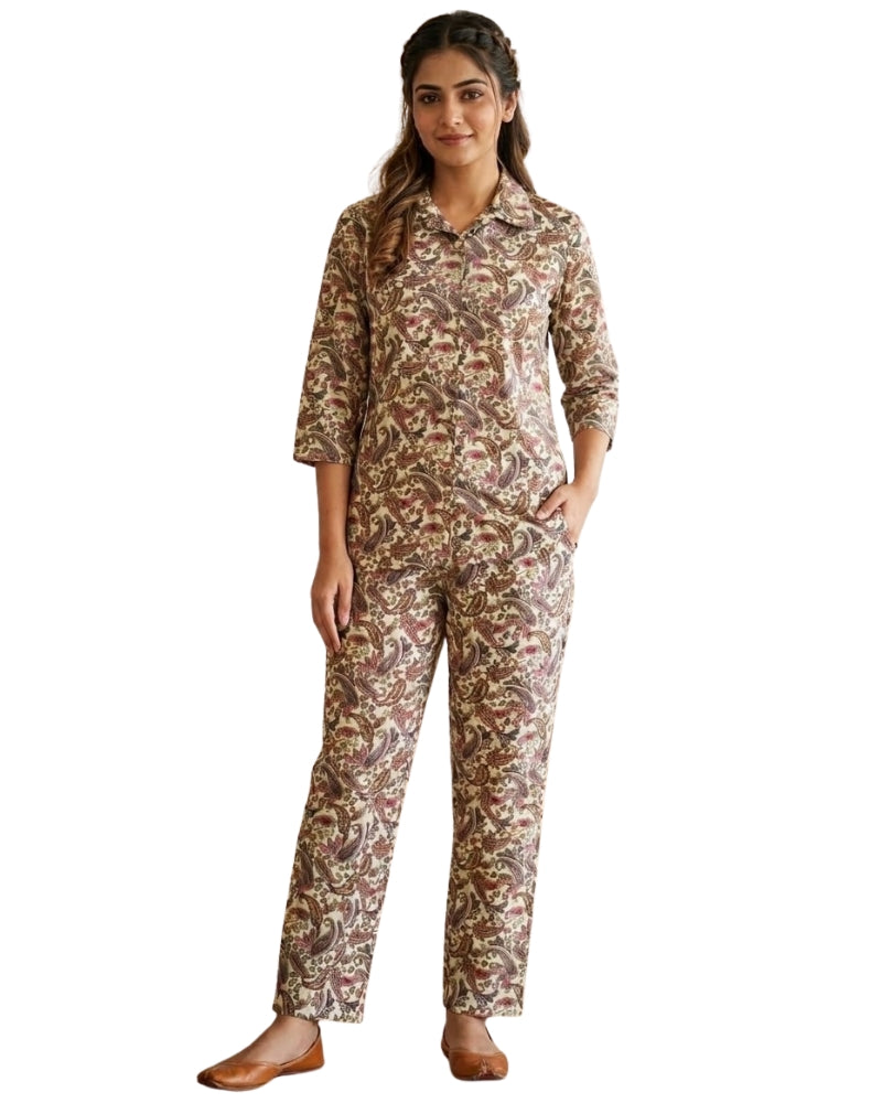Paisley Printed Rayon Cotton Co-Ord Set - Camel
