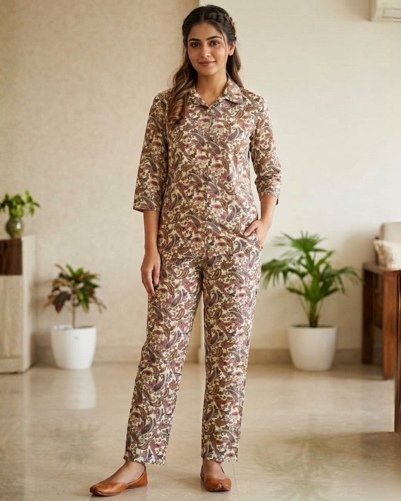 Paisley Printed Rayon Cotton Co-Ord Set - Camel