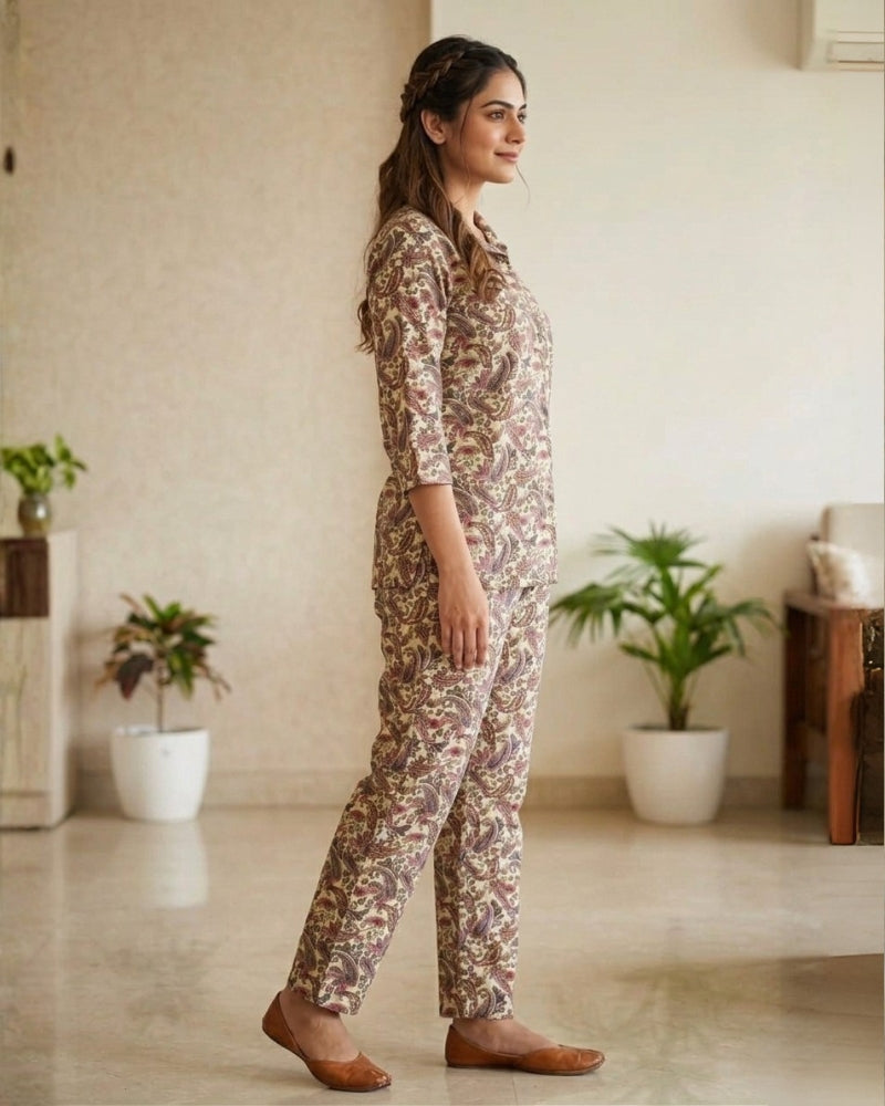 Paisley Printed Rayon Cotton Co-Ord Set - Camel