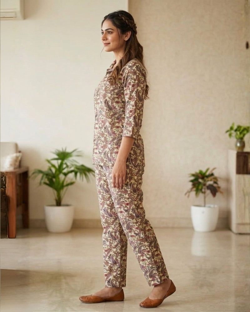 Paisley Printed Rayon Cotton Co-Ord Set - Camel