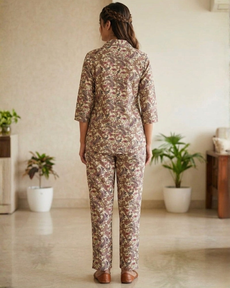 Paisley Printed Rayon Cotton Co-Ord Set - Camel