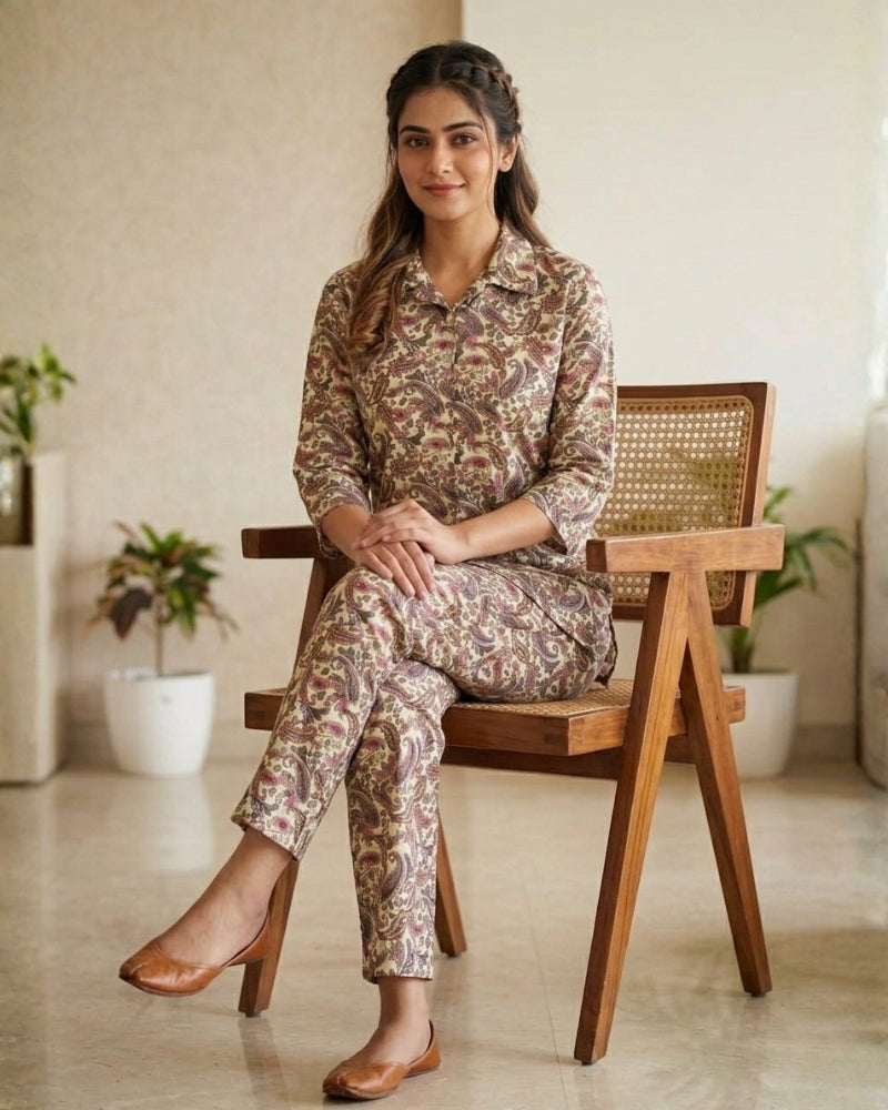 Paisley Printed Rayon Cotton Co-Ord Set - Camel