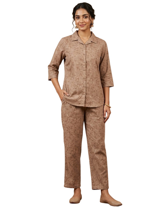 Collard Rayon Cotton Co-Ord Set - Camel