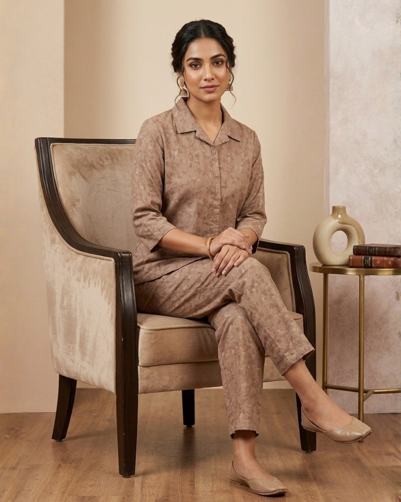 Collard Rayon Cotton Co-Ord Set - Camel