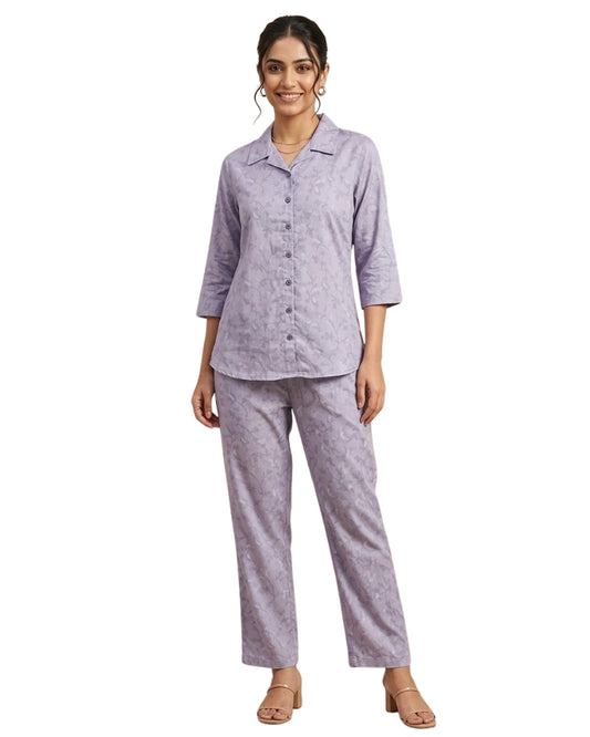 Collard Rayon Cotton Co-Ord Set - Purple