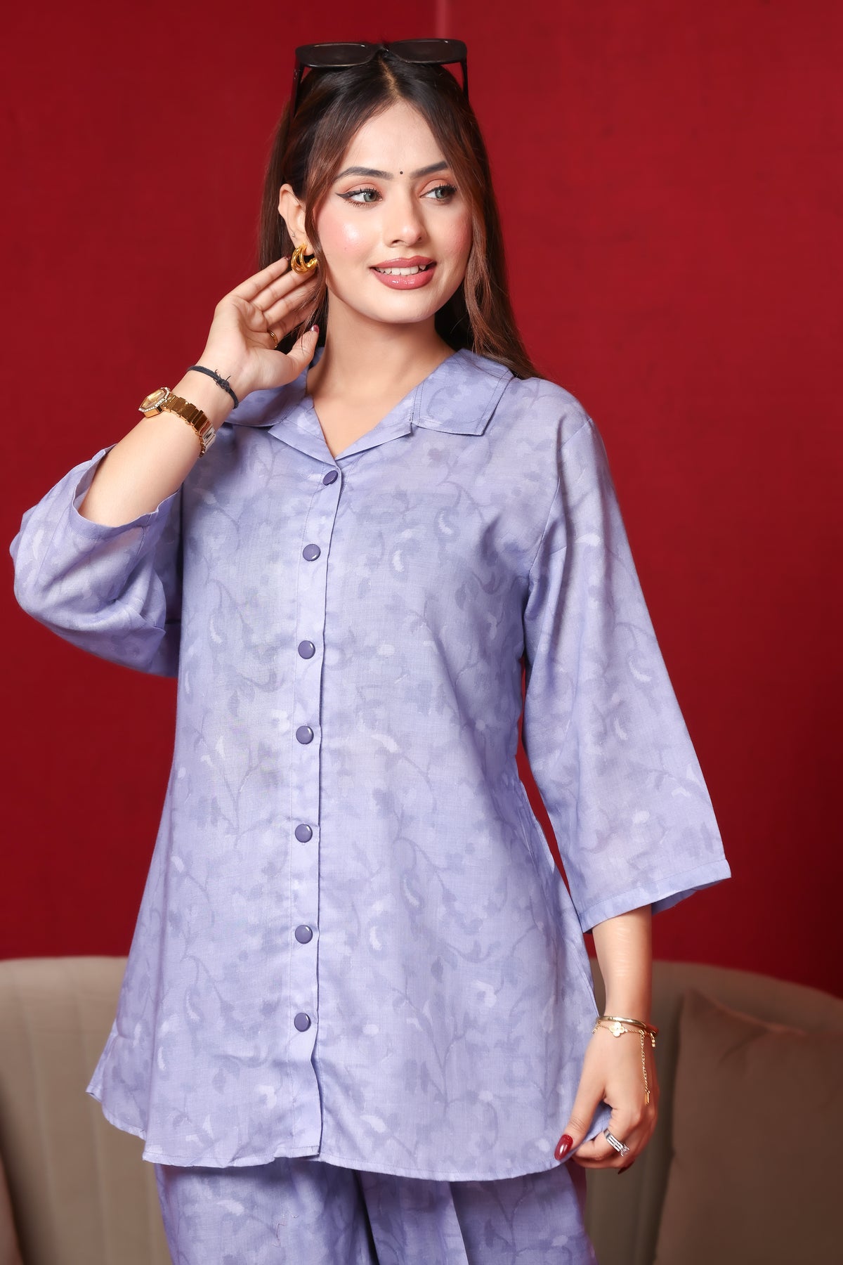 Collard Rayon Cotton Co-Ord Set - Purple