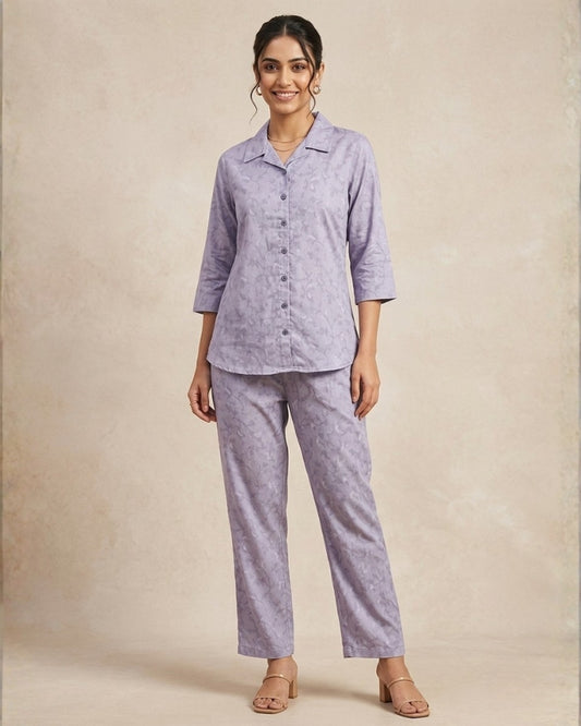 Collard Rayon Cotton Co-Ord Set - Purple